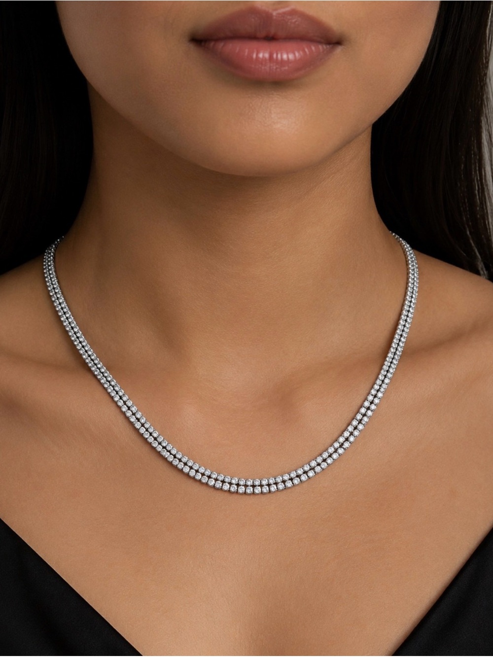 NEW! 14k White Gold Plated Classic Double Row Tennis Necklace - 16 inches